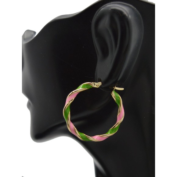 Real 14K Yellow Gold 25.8mmx3mm Green+Pink Enamel Twist Hoop Earrings